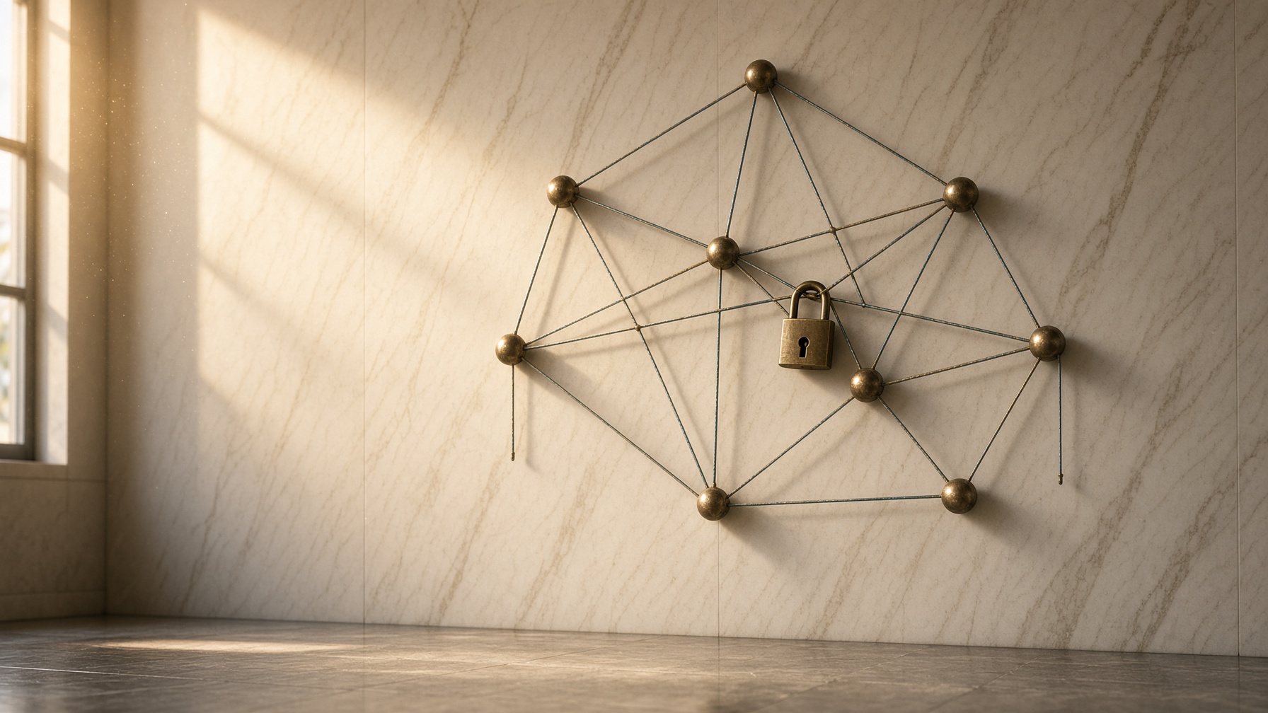 Marble wall with a bronze graph; one thread hangs cut — a dangling edge